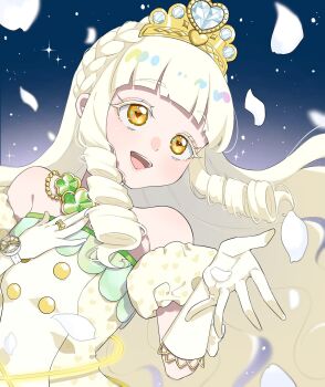 1girl :d bare_shoulders blonde_hair blue_background blunt_bangs bracelet colored_eyelashes commentary_request dress drill_hair drill_sidelocks elbow_gloves falling_petals floating_hair gem gloves gradient_background hand_on_own_chest hands_up heart heart_print highres himitsu_no_aipri idol idol_clothes jewelry long_hair open_hand open_mouth petals pretty_series puffy_short_sleeves puffy_sleeves ring short_sleeves sidelocks sleeveless sleeveless_dress smile solo straight_hair strapless strapless_dress suzukaze_tsumugi_(princess_aipri) symbol-shaped_pupils teeth tiara triangle-shaped_pupils upper_body upper_teeth_only white_dress white_gemstone white_gloves white_sleeves yellow_eyes yunomikuchi