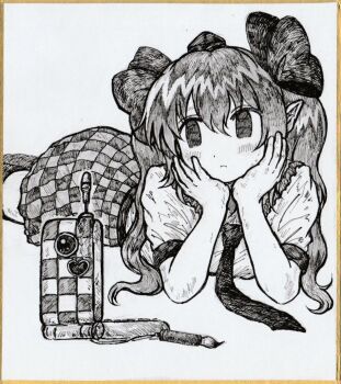 1girl cellphone checkered_clothes checkered_skirt commentary_request dade_ne flip_phone greyscale hat himekaidou_hatate long_hair looking_to_the_side lying monochrome on_stomach phone photo_(medium) pointy_ears radio_antenna sketch skirt solo tokin_hat touhou twintails white_background