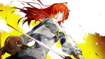 Rule 34 | 1girl, akekuri (arknights), animal ears, arknights, arknights: endfield, black gloves, blue eyes, dog ears, dog girl, dog tail, endfield uniform, gloves, highres, holding, holding sword, holding weapon, kalak 39, logo, long hair, official art, red hair, second-party source, solo, sword, tail, weapon