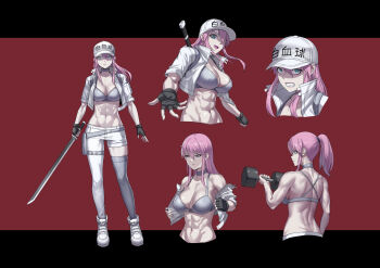 1girl abs aqua_eyes asymmetrical_pants baseball_cap black_gloves bra breasts colored_skin exercising fingerless_gloves flat_cap gloves grey_bra hat hataraku_saibou hataraku_saibou_black highres holding holding_sword holding_weapon jacket katana large_breasts long_hair open_clothes open_jacket pants pink_hair ponytail revealing_clothes shoes short_sleeves sidelocks sword underwear weapon weightlifting white_footwear white_headwear white_jacket white_pants white_skin white_uniform yan_(situyan0303)