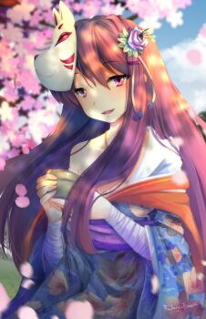 1girl absurdres artist_name bandaged_arm bandages blurry blurry_background cherry_blossoms commentary cropped cup day doki_doki_literature_club drinking_glass english_commentary floral_print flower fox_mask hair_between_eyes hair_flower hair_ornament hairclip hanami highres holding holding_cup japanese_clothes kimono long_hair looking_at_viewer mask mask_on_head merchandise_available off_shoulder official_art outdoors parted_lips petals purple_eyes purple_hair second-party_source smile solo takuyarawr wide_sleeves yuri_(doki_doki_literature_club)
