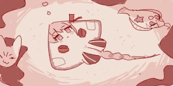 ahoge air_bubble animalization blue_archive blush_stickers breasts bubble cleavage eimi_(blue_archive) expressionless flatfish large_breasts lowres maibotsumou manta_ray monochrome no_humans oekaki open_mouth red_theme reisa_(blue_archive) short_hair smile star_(symbol) swimming underwater wakamo_(blue_archive) what