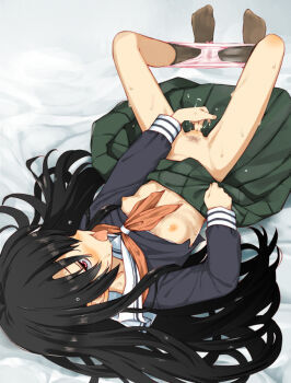 Rule 34 | 1girl, ahegao, black hair, blue shirt, blush, bow, bow panties, breasts, brown socks, clothes lift, female masturbation, female pubic hair, izumozaki neneko, knees apart feet together, lifting own clothes, long hair, long sleeves, lying, masturbation, mirakichi, neck ribbon, nipples, on back, open mouth, panties, panties around ankles, panty pull, pink eyes, pink panties, pleated skirt, pubic hair, pussy, pussy juice, ribbon, ribs, sailor collar, sailor uniform, school uniform, bed sheet, shironagasushima heno kikan, shirt, shirt lift, skinny, skirt, small breasts, socks, solo, spread legs, tongue, tongue out, uncensored, underwear, very long hair, wet, wet clothes, wet panties
