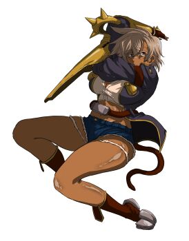 absurdres arc_system_works belt black_jacket blazblue boots bullet_(blazblue) cutoffs dark-skinned_female dark_skin denim denim_shorts fingerless_gloves gauntlets gloves highres jacket micro_shorts midriff scar shirt short_hair shorts white_hair white_shirt xkyvpxcscnmk8qp yellow_eyes