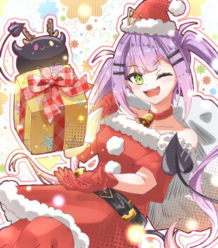 1girl absurdres alternate_costume bell bibi_(tokoyami_towa) choker christmas_present commentary demon_girl demon_tail dress ear_piercing fang fur-trimmed_dress fur-trimmed_headwear fur_trim gift gloves green_eyes hair_ornament hairpin hat highres hololive jingle_bell long_hair looking_at_viewer neck_bell one_eye_closed open_mouth pantyhose piercing pink_hair purple_hair red_choker red_dress red_gloves red_hat red_pantyhose santa_costume santa_dress santa_hat skin_fang smile solo tail tail_ornament tail_piercing tokoyami_towa twintails u_da_desu very_long_hair virtual_youtuber