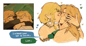 1boy 1girl archaic_set_(zelda) arms_around_neck artist_name bare_shoulders black_sweater blonde_hair braid closed_eyes commentary couple crown_braid earrings english_text hetero highres jewelry kiss link long_hair necklace nintendo pointy_ears princess_zelda pyonteo sad scar sidelocks speech_bubble sweater symbol-only_commentary the_legend_of_zelda the_legend_of_zelda:_breath_of_the_wild the_legend_of_zelda:_tears_of_the_kingdom upper_body white_background white_sweater