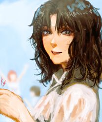 Rule 34 | 1girl, 3girls, absurdres, amagami, artist name, black hair, brown eyes, close-up, collared shirt, commentary, dress, dress shirt, english commentary, from side, hair between eyes, highres, hiki katoh, light blush, lipstick, looking at viewer, looking to the side, loose hair strand, makeup, medium hair, messy hair, multiple girls, nose, parted lips, realistic, red lips, shirt, signature, solo, solo focus, sweat, tanamachi kaoru, turning head, wavy hair, wet, wet clothes, wet hair, wet shirt, white shirt