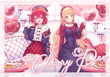 2girls :d :o alternate_costume ange_katrina arm_support artist_name balloon beret black_choker blonde_hair blue_dress blue_eyes blue_hat blue_jacket blush bow breasts cherry_pie choker collarbone commentary_request cookie couch criss-cross_straps cropped_jacket crossed_bangs cup cushion double-parted_bangs dress eyelashes floral_print floral_print_dress food frilled_sleeves frills fukumoto_moco gem gradient_eyes group_name hair_between_eyes hairband hand_up hat hat_bow heart_balloon highres jacket large_breasts layered_dress lips long_dress long_hair looking_at_viewer medium_hair miniskirt multicolored_eyes multiple_girls nail_polish nijisanji nui_sociere on_couch open_clothes open_jacket open_mouth pearl_(gemstone) pie pink_eyes plaid_clothes plaid_skirt plate pointing pointing_at_self pom_pom_hat_ornament print_dress red_bow red_dress red_hair red_hairband red_nails red_skirt ribbed_sweater saucer single_hair_intake single_off_shoulder sitting skirt sleeves_past_wrists smile socks sweater sweater_tucked_in table tea teacup twitter_username very_long_hair virtual_youtuber watermark white_bow white_socks white_sweater yellow_eyes