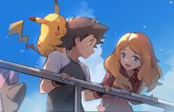 1boy 1girl ash_ketchum black_gloves blonde_hair blue_eyes blurry brown_hair closed_mouth cloud day diancie fingerless_gloves from_below gen_1_pokemon gen_6_pokemon gloves highres holding legendary_pokemon long_sleeves looking_down mixed-language_commentary mythical_pokemon nintendo outdoors pikachu podayo_po pokemon pokemon_(anime) pokemon_(creature) pokemon_xy_(anime) raglan_sleeves serena_(pokemon) shirt short_hair sky smile t-shirt