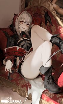 1girl absurdres antenna_hair arknights artist_name bilingual_commentary black_boots black_shorts boots commentary crop_top demon_horns explosive full_body grenade grey_hair highres horns jacket looking_at_viewer mixed-language_commentary ohkurrva orange_eyes painting_(object) pale_skin parted_lips reclining red_hair red_jacket red_nails short_hair shorts solo thighs w_(arknights) wis'adel_(arknights)