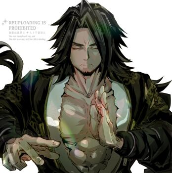 1boy abs bare_pectorals black_hair chinese_clothes closed_eyes closed_mouth facial_hair fatal_fury fatal_fury:_city_of_the_wolves gato_(snk) goatee highres long_hair male_focus muscular muscular_male neli_mmnn open_clothes pectoral_cleavage pectorals simple_background solo upper_body v-shaped_eyebrows white_background
