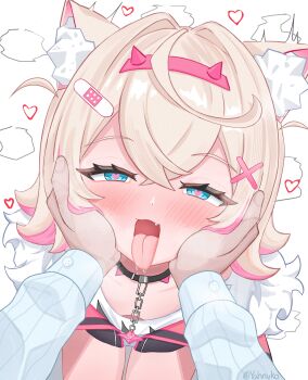 :3 absurdres animal_ear_fluff animal_ears bandaid bandaid_on_head blush breast_cutout breasts collar collarbone crossed_bangs dog_ears drooling fake_horns fang fluffy hair_intakes hair_ornament hairband hands_on_another&#039;s_face heart heart-shaped_eyes heavy_breathing highres hololive hololive_english horn_hairband horns in_heat jacket long_sleeves looking_up mococo_abyssgard mococo_abyssgard_(1st_costume) multicolored_hair open_mouth parted_hair pink_hairband pov shirt short_hair simple_background small_breasts spiked_collar spikes spoken_heart streaked_hair thighs tongue tongue_out twitching virtual_youtuber white_background white_shirt white_sleeves x_hair_ornament yahnuko