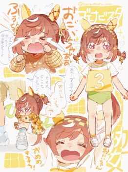 1girl absurdres aged_down blush brown_hair buena_vista_(umamusume) buruma closed_eyes closed_mouth collarbone commentary_request crying crying_with_eyes_open gym_uniform hair_between_eyes hair_ornament hairband heavy_breathing highres horse_girl hug looking_at_viewer low_twintails open_mouth purple_eyes shorts standing sugomori_tsuru_(hana_tsuru_wo) sweatdrop tears translation_request twintails umamusume white_background