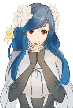 1girl black_gloves blue_hair closed_mouth dizzy_(guilty_gear) fingerless_gloves flower gloves guilty_gear guilty_gear_strive hair_flower hair_ornament highres long_hair long_sidelocks looking_at_viewer ni_zu own_hands_clasped own_hands_together queen_dizzy red_eyes sidelocks simple_background smile solo swept_bangs upper_body white_background white_flower yellow_flower