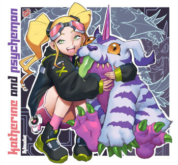 Rule 34 | 1girl, digimon, digivice, female focus, highres, horns, jacket, original, psychemon, solo, tongue, tongue out