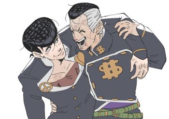 2boys ^_^ arm_around_neck arm_around_waist arm_up belt belt_buckle black_hair black_jacket brooch brown_shirt bruise bruise_on_face buckle buttons closed_eyes collared_jacket commentary cowboy_shot diamond_wa_kudakenai ear_piercing earrings gakuran green_belt hand_on_another&#039;s_arm heart higashikata_josuke highres injury jacket jewelry jojo_no_kimyou_na_bouken looking_at_another looking_to_the_side male_focus multicolored_hair multiple_belts multiple_boys nijimura_okuyasu open_clothes open_collar open_jacket open_mouth peace_symbol piercing pompadour popped_collar school_uniform shirt short_hair sideways_glance simple_background smile symbol-only_commentary teeth tirauraja two-tone_hair white_background