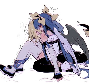 2girls black_thighhighs dizzy_(guilty_gear) guilty_gear hug hug_from_behind ky_gwangin ky_kiske multiple_girls sitting sweat thighhighs trembling wariza white_thighhighs wings yuri
