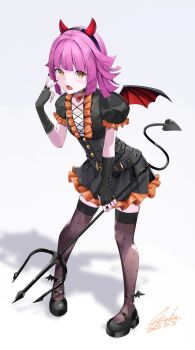 1girl black_dress black_gloves black_shoes blunt_bangs blunt_ends blush choker commentary dated demon_horns demon_tail demon_wings dress fake_horns fang fingerless_gloves frilled_dress frills full_body gloves highres holding holding_polearm holding_weapon horns inward_v kenko_(a143016) kishimen_hair looking_at_viewer love_live! love_live!_nijigasaki_high_school_idol_club medium_hair open_mouth pink_hair polearm polka_dot polka_dot_thighhighs puffy_short_sleeves puffy_sleeves shadow shoes short_sleeves signature solo standing symbol-only_commentary tail tennoji_rina thighhighs trident v weapon wings yellow_eyes zettai_ryouiki