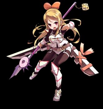 1girl belt black_background black_bodysuit blonde_hair blush bodysuit bow breasts brown_belt camisole fang fighting_stance full_body grey_shoes hair_bow hand_up highres holding holding_polearm holding_weapon knee_guards large_breasts long_hair merc_storia merc_storia_art_team miriel_(merc_storia) official_art open_hand open_mouth orange_bow parted_bangs polearm purple_eyes shoes simple_background single_sidelock solo standing tachi-e v-shaped_eyebrows weapon white_camisole