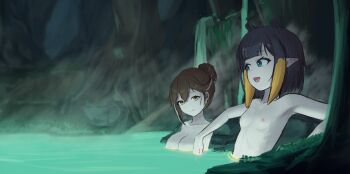 2girls absurdres armpits bathing blue_eyes breasts brown_hair commentary_request completely_nude facing_viewer forest from_side grass hair_bun highres hololive hololive_english ika--1024 large_breasts looking_at_another multiple_girls nanashi_mumei nature ninomae_ina'nis nipples nude onsen outdoors pointy_ears purple_hair short_hair small_breasts steam tentacle_hair tree virtual_youtuber water yellow_eyes
