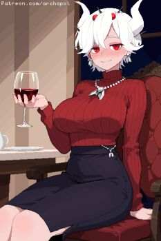 1girl alcohol archapxl artist_name beelzebub_(helltaker) black_skirt blush breasts bug chair cup demon_girl demon_horns drinking_glass fly freckles helltaker highres holding holding_cup horns insect jewelry large_breasts long_sleeves looking_at_viewer necklace on_chair pencil_skirt pixel_art plate red_eyes red_sweater red_wine sitting skirt smile sweater table turtleneck turtleneck_sweater watermark web_address white_hair white_horns wine wine_glass