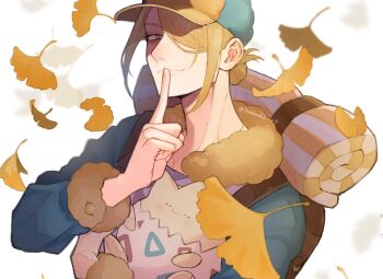 1boy backpack bag blonde_hair blue_eyes blue_shirt closed_eyes commentary_request falling_leaves finger_to_mouth fur-trimmed_collar fur-trimmed_sleeves fur_trim gen_2_pokemon ginkgo_leaf hair_over_one_eye hat highres holding holding_pokemon index_finger_raised leaf long_neck long_sleeves mabuchi_27 male_focus nintendo one_eye_covered pokemon pokemon_(creature) pokemon_legends:_arceus shirt smile solo togepi twitter_username two-tone_hat upper_body volo_(pokemon) white_background yellow_fur