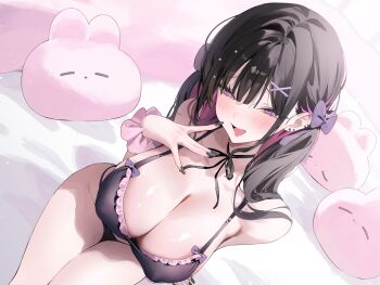 1girl :d arm_support barbell_piercing bare_shoulders bed_sheet black_bow black_bra black_choker black_hair black_nails black_panties black_ribbon blunt_bangs blush bow bra breasts choker cleavage collarbone colored_inner_hair covered_erect_nipples ear_piercing earrings fingernails frilled_bra frilled_panties frills from_above hair_bow hair_ornament hairclip half-closed_eyes hand_up highres huge_breasts indoors industrial_piercing jewelry large_breasts long_fingernails long_hair looking_at_viewer multicolored_hair nail_art nail_polish naughty_face neck_ribbon on_bed open_mouth original panties piercing pillow pink_bow pink_hair purple_bow purple_eyes purple_hair ribbon scrunchie sitting smile solo string_panties stud_earrings stuffed_animal stuffed_rabbit stuffed_toy thighs twintails two-tone_hair underwear underwear_only wrist_scrunchie x_hair_ornament yuita_(yuita17)