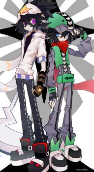 2boys absurdres adjusting_clothes adjusting_headwear aotu_world bandana belt black_gloves black_hair black_shirt black_shoes blue_eyes brothers brown_gloves camil_(aotu_world) fingerless_gloves full_body gloves green_belt green_hat green_vest grey_pants grey_shirt grin hair_between_eyes hammer hat headband highres holding holding_hammer holding_hands holding_weapon hood hood_down hooded_jacket jacket looking_at_viewer madman_yyy male_focus multicolored_gloves multiple_boys pale_skin pants parted_lips pointy_ears print_gloves print_headband purple_eyes ray_(aotu_world) red_scarf scarf shirt shoes short_hair siblings smile sneakers standing star_(symbol) star_print turtleneck twitter_username vest weapon white_headband white_jacket