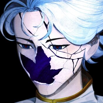1boy athenzu blank_stare blue_eyes close-up cracked_skin hollow_body madra_(album) male_focus nice_(to_be_hero_x) porcelain portrait red_pupils short_hair solo to_be_hero to_be_hero_x white_hair