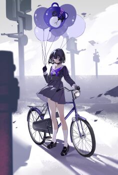 1girl absurdres animal_balloon ankle_socks artist_self-insert balloon bare_legs bicycle bicycle_pedal black_choker black_gloves black_hair black_serafuku black_shoes choker cloud crossed_bangs full_body gloves hair_between_eyes hair_ornament hairclip highres holding holding_balloon loafers looking_at_viewer neckerchief original pleated_skirt purple_eyes purple_neckerchief school_uniform serafuku shadow shoes short_hair single_hair_intake skirt socks solo surreal two-sided_fabric utility_pole white_socks wind wind_lift xe367