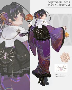 :3 absurdres ahoge alternate_costume asa_no_ha_(pattern) bealouis_illu black_boots black_hair black_nails black_sash bluesky_username blush boots chromatic_aberration commentary english_commentary flower frilled_kimono frilled_sash frilled_sleeves frills full_body fur_scarf gem hair_flower hair_ornament hand_fan high_heel_boots high_heels highres holding holding_fan huge_ahoge japanese_clothes kimono long_sleeves looking_at_viewer looking_back meloco_kyoran multicolored_hair nijisanji nijisanji_en obi obi_bow paper_fan print_kimono purple_eyes purple_gemstone purple_hair purple_kimono purple_streaks sash scarf smile twitter_username uchiwa virtual_youtuber water_yoyo white_scarf wide_sleeves zoom_layer