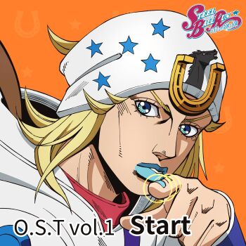 1boy absurdres anime_coloring araki_hirohiko_(style) beanie blonde_hair blue_eyes blue_lips blue_nails comic_panel_redraw commentary derivative_work english_commentary feathers hachuart hat highres hood hood_down hoodie horse_print horseshoe_hat_ornament horseshoe_ornament johnny_joestar jojo_no_kimyou_na_bouken logo looking_at_viewer makeup male_focus medium_hair official_style orange_background parted_lips pointing pointing_at_viewer portrait solo star_(symbol) star_print steel_ball_run teeth white_hat white_hoodie