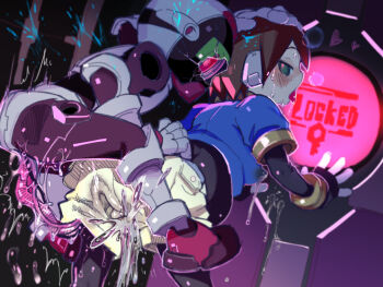 1boy 1girl 2equal8 against_wall aile_(mega_man_zx) black_bodysuit blue_jacket blush bodysuit bodysuit_under_clothes breath brown_hair clothed_sex cum cum_on_clothes ejaculation electricity female_orgasm galleon_(mega_man) green_eyes heart hetero holding_detached_head humanoid_robot jacket looking_back mega_man_(series) mega_man_zx one-eyed orgasm penis_tentacle pink_pupils pussy_juice robot robot_ears robot_sex saliva sex sex_from_behind short_hair shorts sweat tentacles tongue tongue_out white_shorts