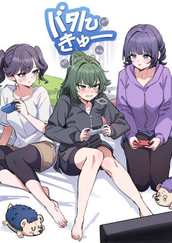 3girls absurdres aged_down barefoot bed_sheet bike_shorts bike_shorts_under_shorts black_jacket black_leggings black_shorts blush capri_pants clenched_teeth controller gakuen_idolmaster game_controller green_hair hataya_misuzu highres holding holding_controller holding_game_controller idolmaster indoors jacket kaya_rinha kneeling leggings leggings_under_shorts looking_at_another multiple_girls pants pizzasi playing_games ponytail purple_hair purple_jacket shorts sitting stuffed_hedgehog syngup!_(idolmaster) teeth toes tsukimura_temari twintails