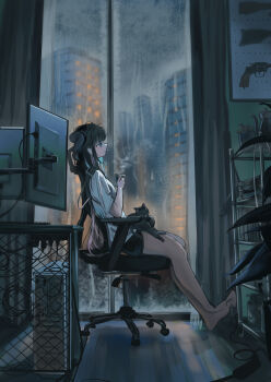 1girl absurdres animal animal_on_lap aqua_hair barefoot black_cat black_hair black_shorts blouse breasts cat cat_on_lap chair cityscape closed_mouth commentary_request computer computer_keyboard computer_tower crossed_ankles cup curtains from_side full_body grey_theme gun gun_rack handgun highres holding holding_cup indoors long_hair monitor multicolored_hair natsuba002 night office_chair on_lap original pink_hair plant potted_plant power_strip rain revolver shirt short_sleeves shorts small_breasts steam swivel_chair weapon white_shirt window