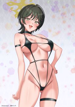 1girl absurdres ahoge arm_strap bare_shoulders bikini black_bikini blue_archive blush breasts choker cleavage collarbone commentary_request fuyu_(blue_archive) gluteal_fold green_eyes green_hair groin halo highres kenja_panda large_breasts looking_at_viewer navel o-ring o-ring_bikini open_mouth short_hair smile solo swimsuit thigh_strap thighs yellow_halo