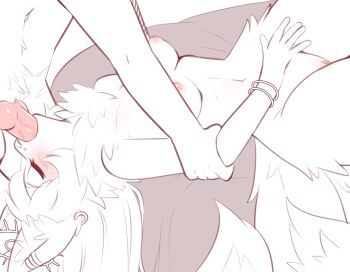 1boy 1girl animal_ears blush breasts breasts_out closed_eyes ear_piercing fellatio female_focus gun handgun held_down highres irrumatio lying nipples nude on_back oral original penis piercing pussy restrained sataen weapon