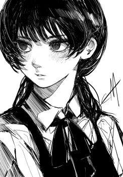1girl chainsaw_man collared_shirt dress ema_ema39 fourth_east_high_school_uniform greyscale highres low_twintails mitaka_asa monochrome neck_ribbon parted_lips pinafore_dress ribbon school_uniform shirt sleeveless sleeveless_dress solo twintails upper_body