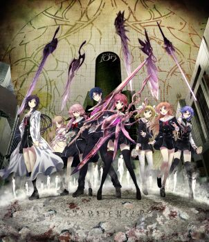 1boy 6+girls arimura_hinae belt belt_buckle black_dress black_jacket black_pants black_pantyhose black_shoes black_socks black_thighhighs blazer blonde_hair blood blood_on_clothes blood_on_face blood_on_leg bloody_weapon blue_eyes blue_hair bow breasts brown_cardigan brown_eyes brown_hair buckle buttons cardigan chaos;child chest_bow collarbone collared_shirt copyright_name cropped_jacket cry-planet d-sword double-breasted dress dress_vest ears_visible_through_hair everyone floating floating_clothes floating_object floating_sword floating_weapon frown full_body glasses glowing glowing_weapon hair_between_eyes hair_bow hair_ornament hair_ribbon hekiho_academy hekiho_academy_school_uniform highres holding holding_sword holding_weapon hood jacket kazuki_hana kneehighs kunosato_mio kurusu_nono lab_coat lapels large_breasts leather_belt loafers lollipop_in_mouth long_hair long_sleeves looking_at_another looking_at_viewer medium_breasts minamisawa_senri miniskirt miyashiro_takuru multiple_girls multiple_hair_bows necktie notched_lapels one_side_up onoe_serika open_mouth pants pantyhose pink_eyes pink_hair ponytail purple_eyes purple_hair red-framed_eyewear red_bow red_eyes red_necktie ribbon sailor_collar school_emblem school_uniform science_adventure serious shibuya_(tokyo) shirt shoes short_hair short_necktie side_ponytail sidelocks skirt small_breasts socks standing stray_hair sumo_sticker_(chaos;child) sword thick_thighs thighhighs thighs tokyo_(city) twintails v-shaped_eyebrows very_long_hair weapon white_belt white_hood white_sailor_collar white_socks white_thighhighs white_trim yamazoe_uki zettai_ryouiki