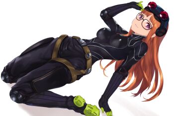 1girl arm_support arm_up belt black-framed_eyewear black_bodysuit black_gloves blunt_bangs bodysuit breasts cait_aron dutch_angle elbow_gloves glasses gloves goggles goggles_on_head hair_spread_out impossible_bodysuit impossible_clothes knee_pads kneeling leaning_back long_hair looking_at_viewer medium_breasts oracle_(persona_5) orange_hair parted_lips persona persona_5 purple_eyes sakura_futaba simple_background skin_tight smile solo white_background