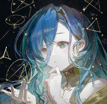 Rule 34 | 1girl, 37 (reverse:1999), artist request, bare shoulders, black background, blue eyes, blue hair, commission, geometry, gold choker, hair between eyes, hand on own chin, highres, long hair, looking at hand, math, parted lips, reverse:1999, second-party source, solo, sparkle, stroking own chin, thinking, upper body