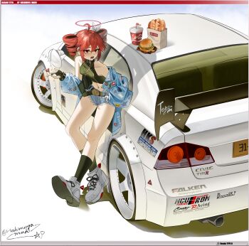 1girl absurdres ahoge baguette bare_legs bare_shoulders belt belt_buckle black_choker black_socks blush boots bow bread buckle burger candy car choker commentary covered_collarbone crop_top cup denim denim_shorts disposable_cup drill_hair drinking_straw food hair_bow halo highres holding holding_candy holding_food holding_lollipop honda_civic honda_civic_type_r kasane_teto kasane_teto_(sv) lace-up_boots leaning_on_object lollipop looking_at_viewer motor_vehicle navel open_mouth oversized_jacket red_eyes red_hair red_halo shirt short_shorts shorts simple_background sleeveless sleeveless_shirt socks solo spoiler_(automobile) star_(symbol) synthesizer_v twin_drills utau white_background white_boots white_bow white_car xinggong_shili