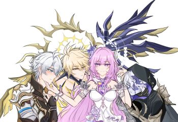 1girl 3boys absurdres ahoge asymmetrical_wings black_hood black_wings blonde_hair blue_eyes chinese_commentary commentary_request cracked_skin cyrene_(honkai:_star_rail) diamond-shaped_pupils diamond_(shape) dress flame_reaver_of_the_deepest_dark gold_blood gold_gloves halo hand_on_another&#039;s_chin hetero highres honkai:_star_rail honkai_(series) long_hair mismatched_wings multicolored_hair multiple_boys multiple_persona phainon_(honkai:_star_rail) phainon_(khaslana)_(honkai:_star_rail) pink_hair purple_eyes short_hair simple_background smile symbol-shaped_pupils two-tone_hair very_long_hair white_background white_dress white_hair wings xiongmoudong yellow_wings