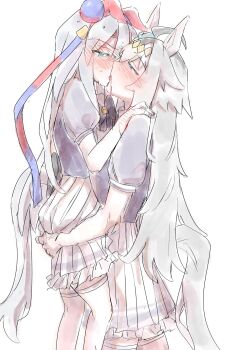 2girls animal_ears blue_eyes blush bow bowtie commentary english_commentary french_kiss grey_hair hand_on_another&#039;s_shoulder highres horse_ears horse_girl horse_tail kiss long_hair multicolored_hair multiple_girls oguri_cap_(umamusume) pleated_skirt purple_bow purple_bowtie purple_shirt roots_(hair) school_uniform shirt short_sleeves simple_background skirt tail tamamo_cross_(umamusume) tracen_school_uniform umamusume umamusume:_cinderella_gray wapi_ww white_background white_hair white_skirt yuri