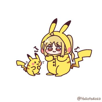 1girl :3 ahoge blonde_hair blush bocchi_the_rock! brown_eyes chibi chibi_only crossover gen_1_pokemon highres ijichi_nijika long_hair nintendo pikachu pikachu_costume pokemon pokemon_(creature) ponytail simple_background twitter_username white_background yakotako