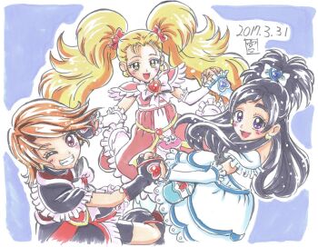 3girls bag_bow bare_shoulders belt belt_bag belt_buckle big_hair black_arm_warmers black_dress black_hair black_leg_warmers black_shorts blonde_hair blue_background blue_bag border bow bowtie brooch brown_eyes brown_hair brown_shoes buckle commentary_request cure_black cure_white dated dress earrings eyelashes feather-trimmed_sleeves fingerless_gloves forehead frilled_arm_warmers frilled_dress frilled_sleeves frills full_body futari_wa_precure futari_wa_precure_max_heart gloves gold_buckle gold_earrings grin hair_bow hair_ornament happy heart heart_brooch heart_earrings heart_hair_ornament high_ponytail highres holding_hands interlocked_fingers jewelry kujou_hikari lace lace-trimmed_dress lace_trim leg_warmers light_blush light_particles long_hair magical_girl medium_dress misumi_nagisa miyamoto_hiroshi multiple_girls off-shoulder_dress off_shoulder official_art one_eye_closed open_mouth outline pink_bag pink_bow pink_bowtie pink_dress ponytail precure purple_eyes raised_eyebrows red_belt red_bow ribbon shiny_luminous shoes short_dress short_hair short_ponytail short_sleeves shorts shorts_under_dress sidelocks signature smile swept_bangs tareme thick_eyebrows twintails two-tone_bag very_long_hair waist_ribbon white_arm_warmers white_bag white_border white_bow white_dress white_outline yellow_eyes yellow_ribbon yukishiro_honoka