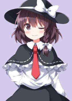 1girl ;) black_capelet black_hat black_skirt blush bow braid brown_eyes brown_hair capelet closed_mouth collared_shirt commentary_request completion_time cowboy_shot frilled_capelet frills hair_bow hat hat_bow highres long_sleeves looking_at_viewer medium_hair necktie one_eye_closed purple_background red_necktie ruu_(tksymkw) shirt shirt_tucked_in side_braid simple_background single_braid skirt smile solo touhou usami_renko white_bow white_shirt