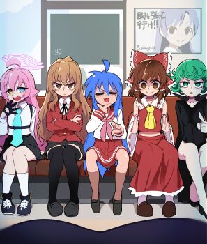5girls absurdres aisaka_taiga black_dress blue_archive bongftah breast_envy breasts brown_hair crossover dress green_hair group_picture hakurei_reimu halo hand_on_own_chin highres hoshino_(blue_archive) idolmaster idolmaster_(classic) izumi_konata kisaragi_chihaya long_hair lucky_star miniskirt multiple_crossover multiple_girls one-punch_man pink_hair pov pov_breasts red_shirt red_skirt school_uniform shirt short_hair sitting skirt small_breasts stroking_own_chin tatsumaki toradora! touhou train_interior trait_connection