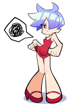 1boy alternate_costume blue_hair commentary_request cosplay costume_switch crossdressing crossdressing_(mtf) dress flustered frown hair_over_one_eye high_heels highres knees_together_feet_apart male_focus panty_&amp;_stocking_with_garterbelt panty_(psg) panty_(psg)_(cosplay) parted_bangs polyester_(psg) red_dress red_eyes red_shoes shiratamataro6 shoes short_dress simple_background skirt_hold solo speech_bubble spoken_squiggle squiggle sweatdrop white_background