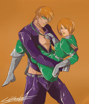 brother_and_sister brothers brown_hair charlyarts highres ikari_warriors jacket k&#039;_(kof) leather leather_jacket mercenary military_uniform siblings snk the_king_of_fighters the_king_of_fighters_xv whip_(kof) white_hair